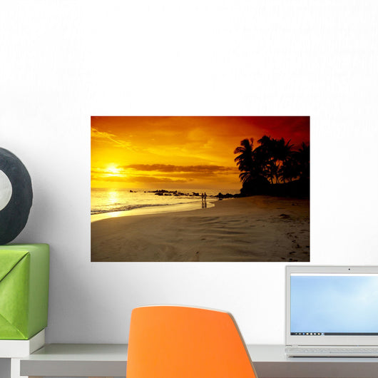 Hawaii, Maui, Makena Beach, Couple Walk Along Beach At Sunset, Above Wall Mural