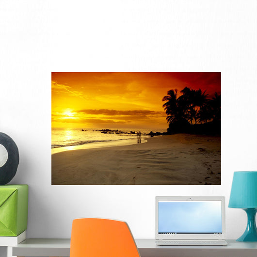 Hawaii, Maui, Makena Beach, Couple Walk Along Beach At Sunset, Above Wall Mural