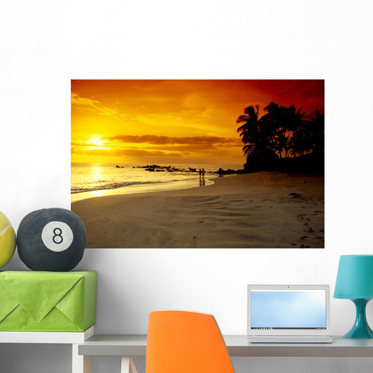 Hawaii, Maui, Makena Beach, Couple Walk Along Beach At Sunset, Above Wall Mural