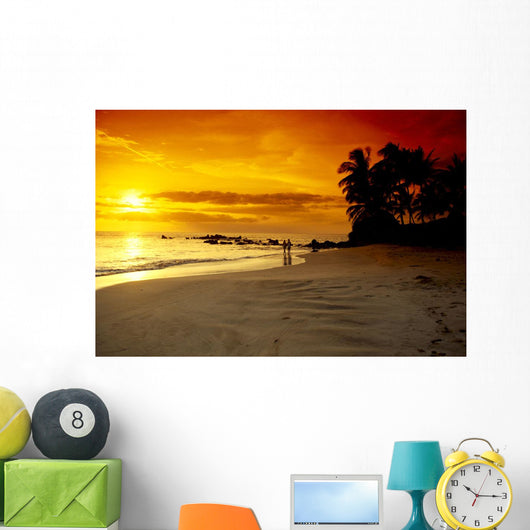 Hawaii, Maui, Makena Beach, Couple Walk Along Beach At Sunset, Above Wall Mural