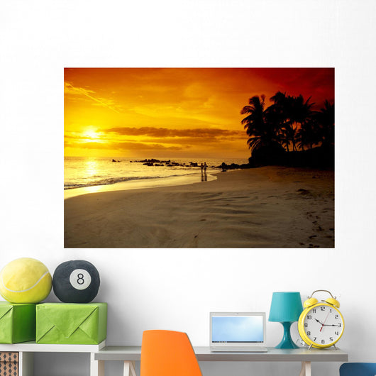 Hawaii, Maui, Makena Beach, Couple Walk Along Beach At Sunset, Above Wall Mural