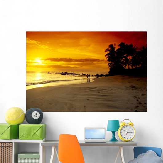 Hawaii, Maui, Makena Beach, Couple Walk Along Beach At Sunset, Above Wall Mural