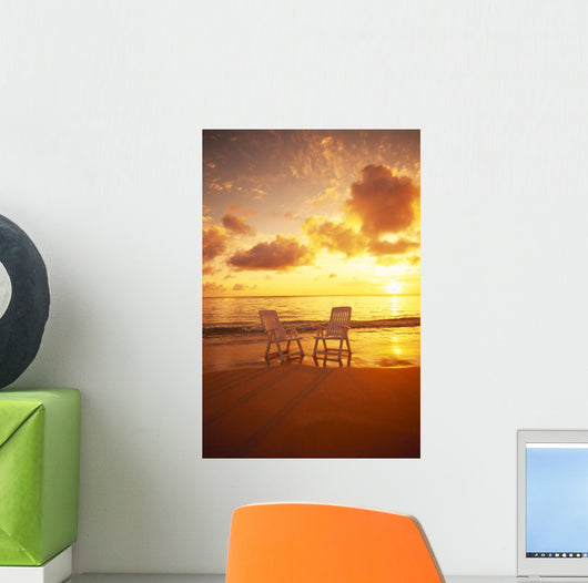 Beach Chairs Along Shoreline At Sunset B1466 Wall Mural