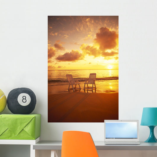 Beach Chairs Along Shoreline At Sunset B1466 Wall Mural