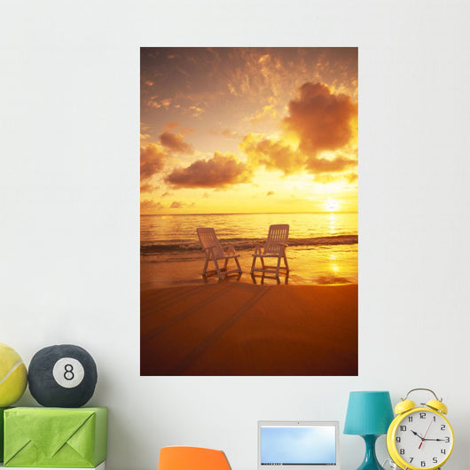 Beach Chairs Along Shoreline At Sunset B1466 Wall Mural