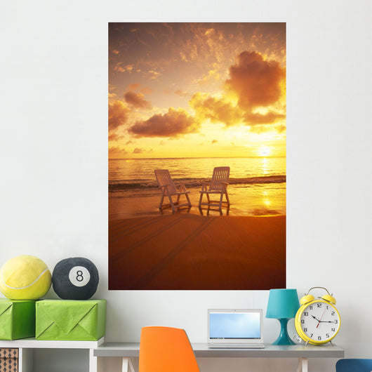 Beach Chairs Along Shoreline At Sunset B1466 Wall Mural