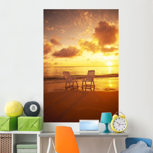 Beach Chairs Along Shoreline At Sunset B1466 Wall Mural