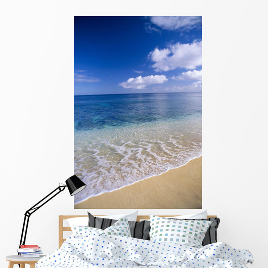 Wave Washes Ashore Onto Sandy Beach, Azure Ocean, Blue Sky B1498 Wall Mural