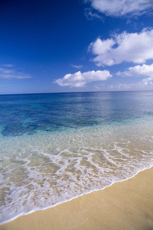Wave Washes Ashore Onto Sandy Beach, Azure Ocean, Blue Sky B1498 Wall Mural