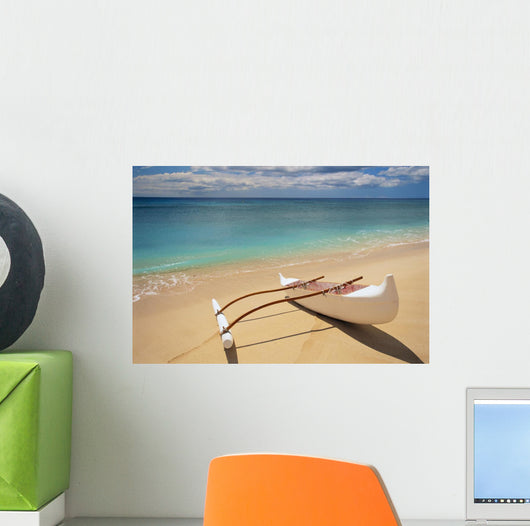 White Outrigger Canoe On Shoreline With Shadow, Calm Turquoise Water Wall Mural