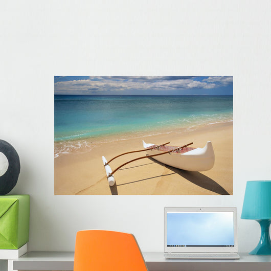 White Outrigger Canoe On Shoreline With Shadow, Calm Turquoise Water Wall Mural