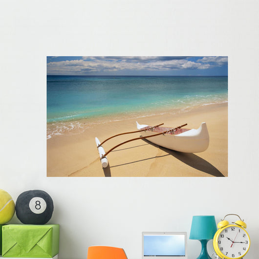 White Outrigger Canoe On Shoreline With Shadow, Calm Turquoise Water Wall Mural