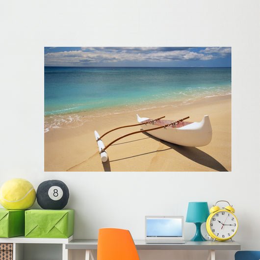 White Outrigger Canoe On Shoreline With Shadow, Calm Turquoise Water Wall Mural
