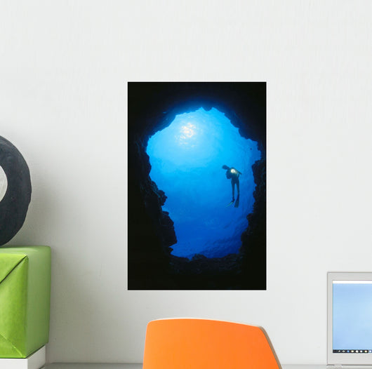 Hawaii, Silhouetted Diver At Cavern Entrance With Flashlight, Sunburst Wall Mural
