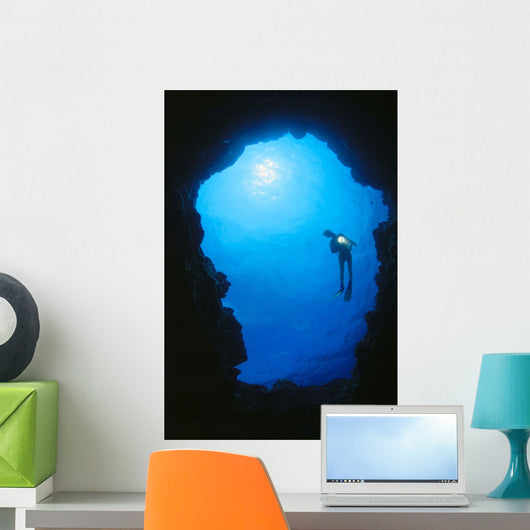 Hawaii, Silhouetted Diver At Cavern Entrance With Flashlight, Sunburst Wall Mural