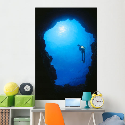 Hawaii, Silhouetted Diver At Cavern Entrance With Flashlight, Sunburst Wall Mural