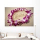 Close-Up Detail Of Purple Orchid Lei On Beach Aloha Written Wall Mural