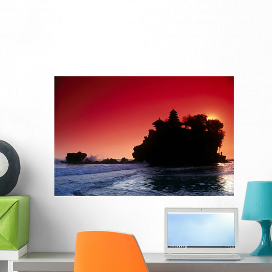 Indonesia, Bali, Tanah Lot Silhouetted By Dramatic Red Sunset Skies Wall Mural