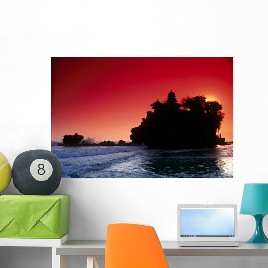 Indonesia, Bali, Tanah Lot Silhouetted By Dramatic Red Sunset Skies Wall Mural