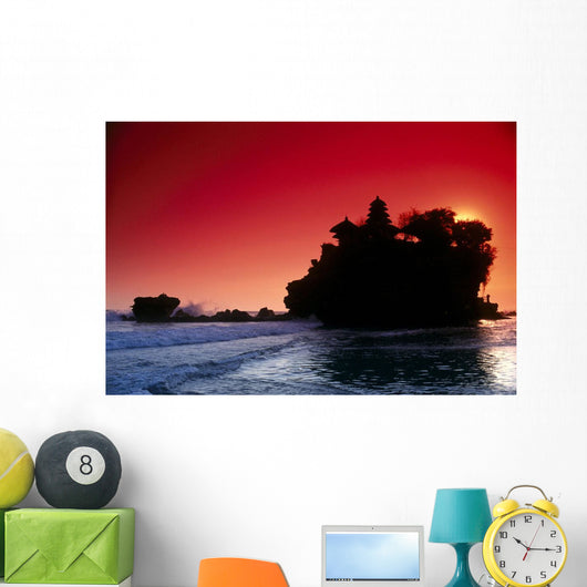Indonesia, Bali, Tanah Lot Silhouetted By Dramatic Red Sunset Skies Wall Mural