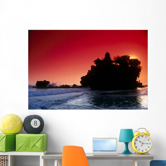 Indonesia, Bali, Tanah Lot Silhouetted By Dramatic Red Sunset Skies Wall Mural