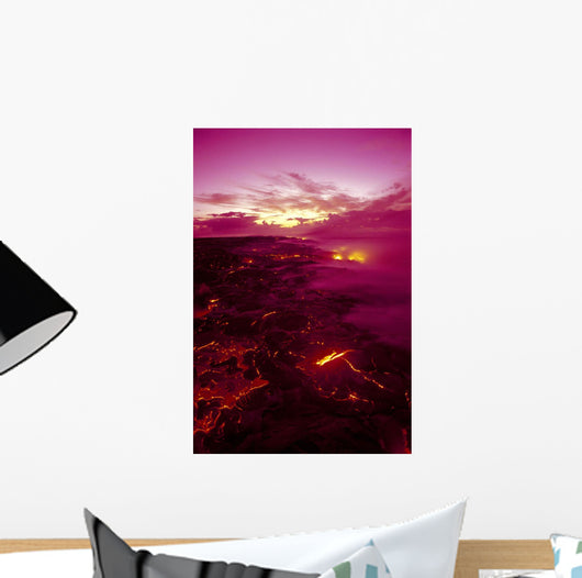 Kilauea Volcano Lava Flow At Dawn Glowing Pink Sky Smoky Wall Mural