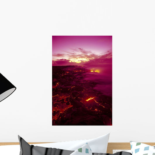Kilauea Volcano Lava Flow At Dawn Glowing Pink Sky Smoky Wall Mural