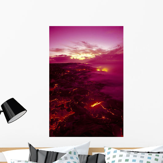 Kilauea Volcano Lava Flow At Dawn Glowing Pink Sky Smoky Wall Mural