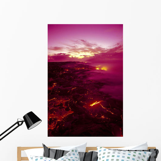 Kilauea Volcano Lava Flow At Dawn Glowing Pink Sky Smoky Wall Mural