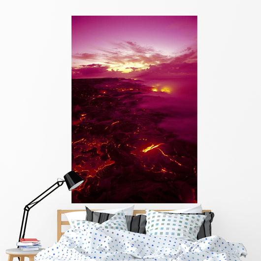 Kilauea Volcano Lava Flow At Dawn Glowing Pink Sky Smoky Wall Mural