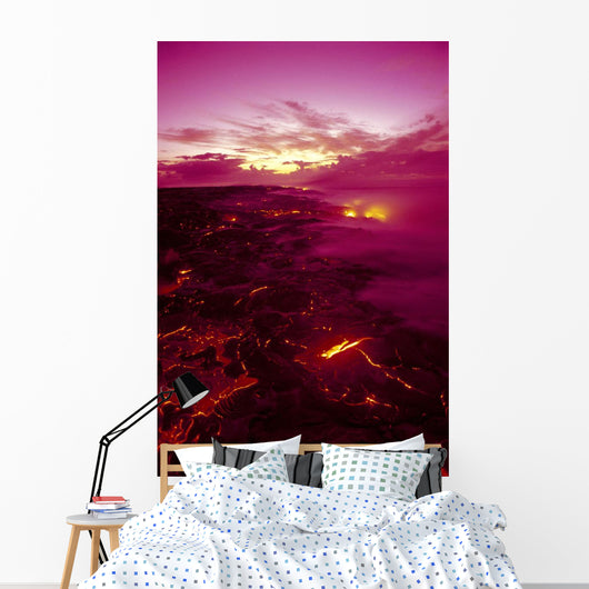 Kilauea Volcano Lava Flow At Dawn Glowing Pink Sky Smoky Wall Mural