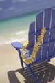 Close-Up Side Of Blue Beach Chair With Plumeria Hanging On Side Wall Mural
