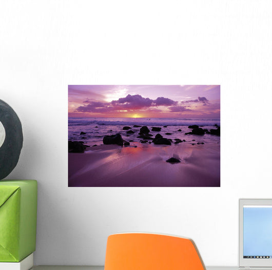 Hawaii, Molokai, West Shore Sunset On Horizon View From Shoreline Wall Mural