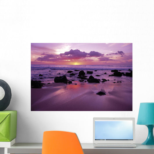 Hawaii, Molokai, West Shore Sunset On Horizon View From Shoreline Wall Mural