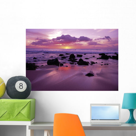 Hawaii, Molokai, West Shore Sunset On Horizon View From Shoreline Wall Mural