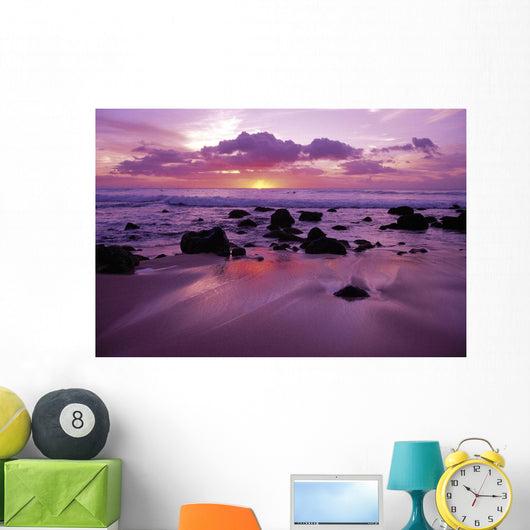 Hawaii, Molokai, West Shore Sunset On Horizon View From Shoreline Wall Mural