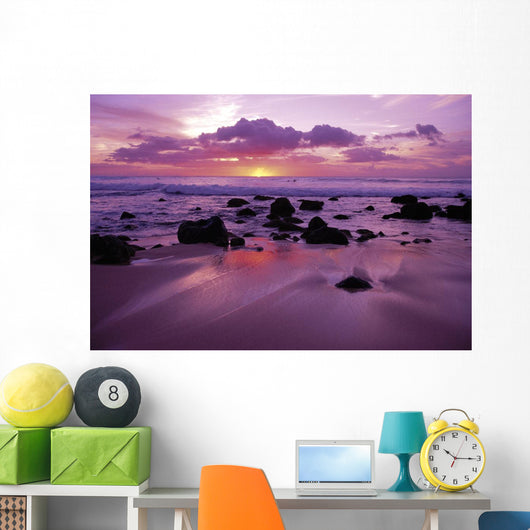 Hawaii, Molokai, West Shore Sunset On Horizon View From Shoreline Wall Mural