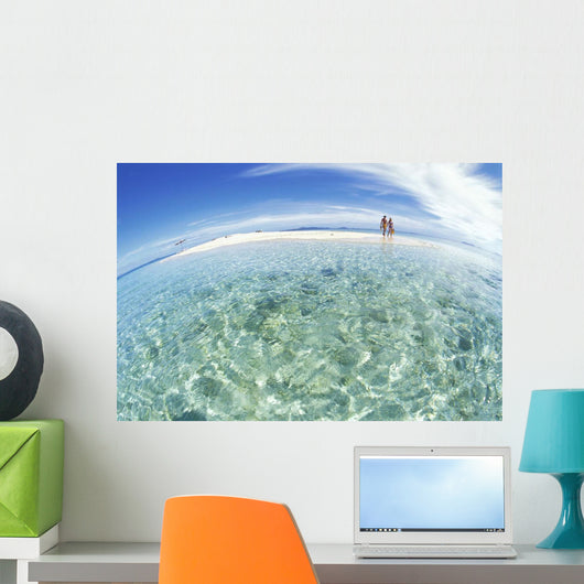 Hold Hands Blue Sky Turquoise Ocean Snorkel Gear Wide Angle View Wall Mural