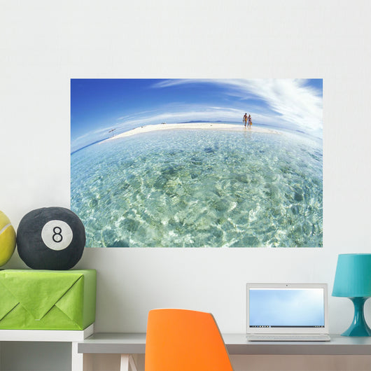 Hold Hands Blue Sky Turquoise Ocean Snorkel Gear Wide Angle View Wall Mural