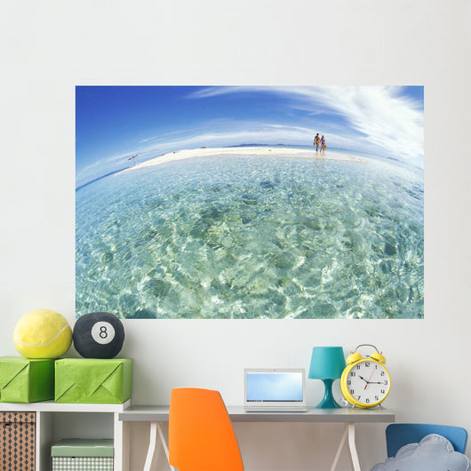 Hold Hands Blue Sky Turquoise Ocean Snorkel Gear Wide Angle View Wall Mural