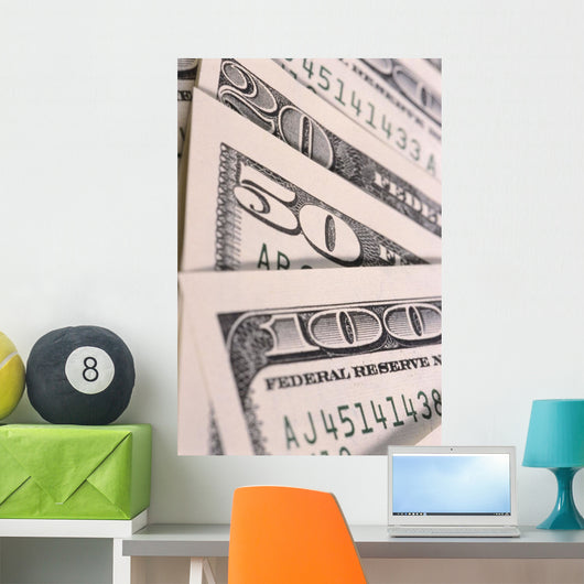 Close-Up Detail of 100, 50 And 20 Dollar Bill Wall Mural