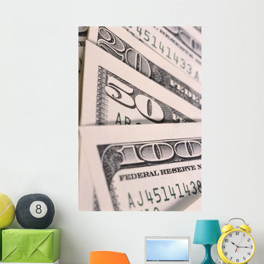 Close-Up Detail of 100, 50 And 20 Dollar Bill Wall Mural