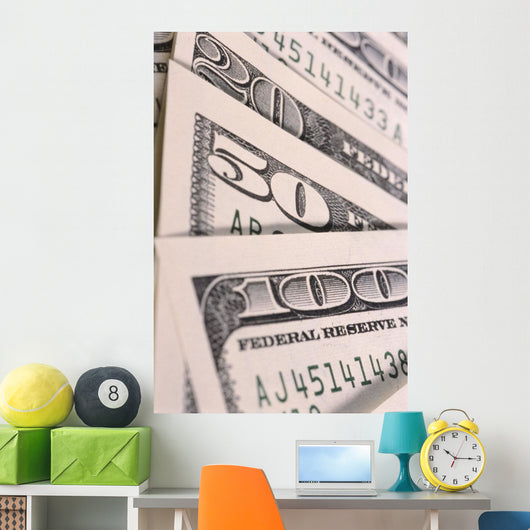 Close-Up Detail of 100, 50 And 20 Dollar Bill Wall Mural