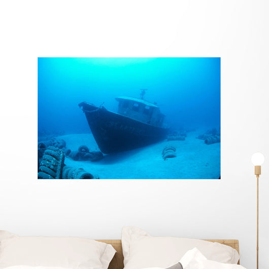 Hawaii, Maui, Kihei, Front View Of St Anthony Wreck In Deep Blue Water Wall Mural