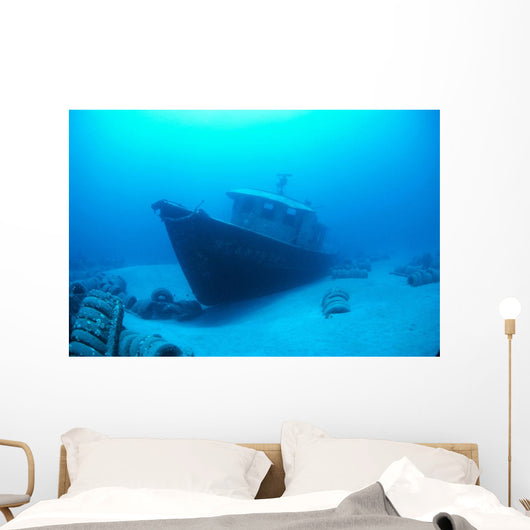Hawaii, Maui, Kihei, Front View Of St Anthony Wreck In Deep Blue Water Wall Mural