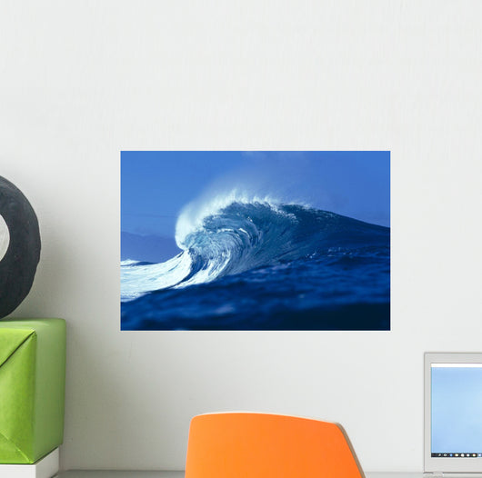 Side Angled View Of Big Blue Wave Curling With Spray, Blue Skies Wall Mural