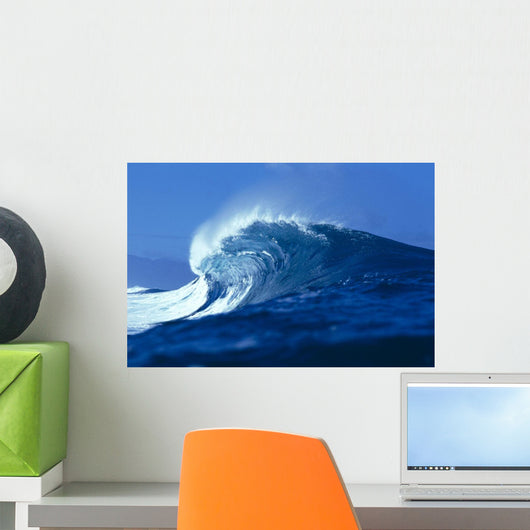 Side Angled View Of Big Blue Wave Curling With Spray, Blue Skies Wall Mural