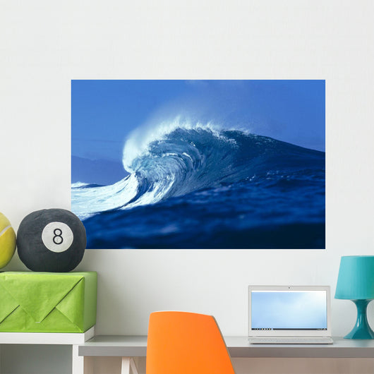 Side Angled View Of Big Blue Wave Curling With Spray, Blue Skies Wall Mural