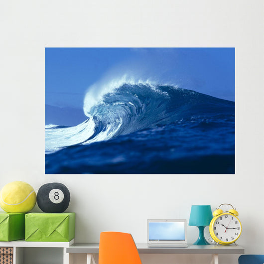 Side Angled View Of Big Blue Wave Curling With Spray, Blue Skies Wall Mural