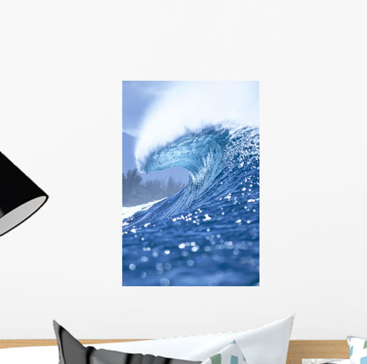 Large Shimmery Blue Wave Curling With Wind Spray, Land Visible Wall Mural